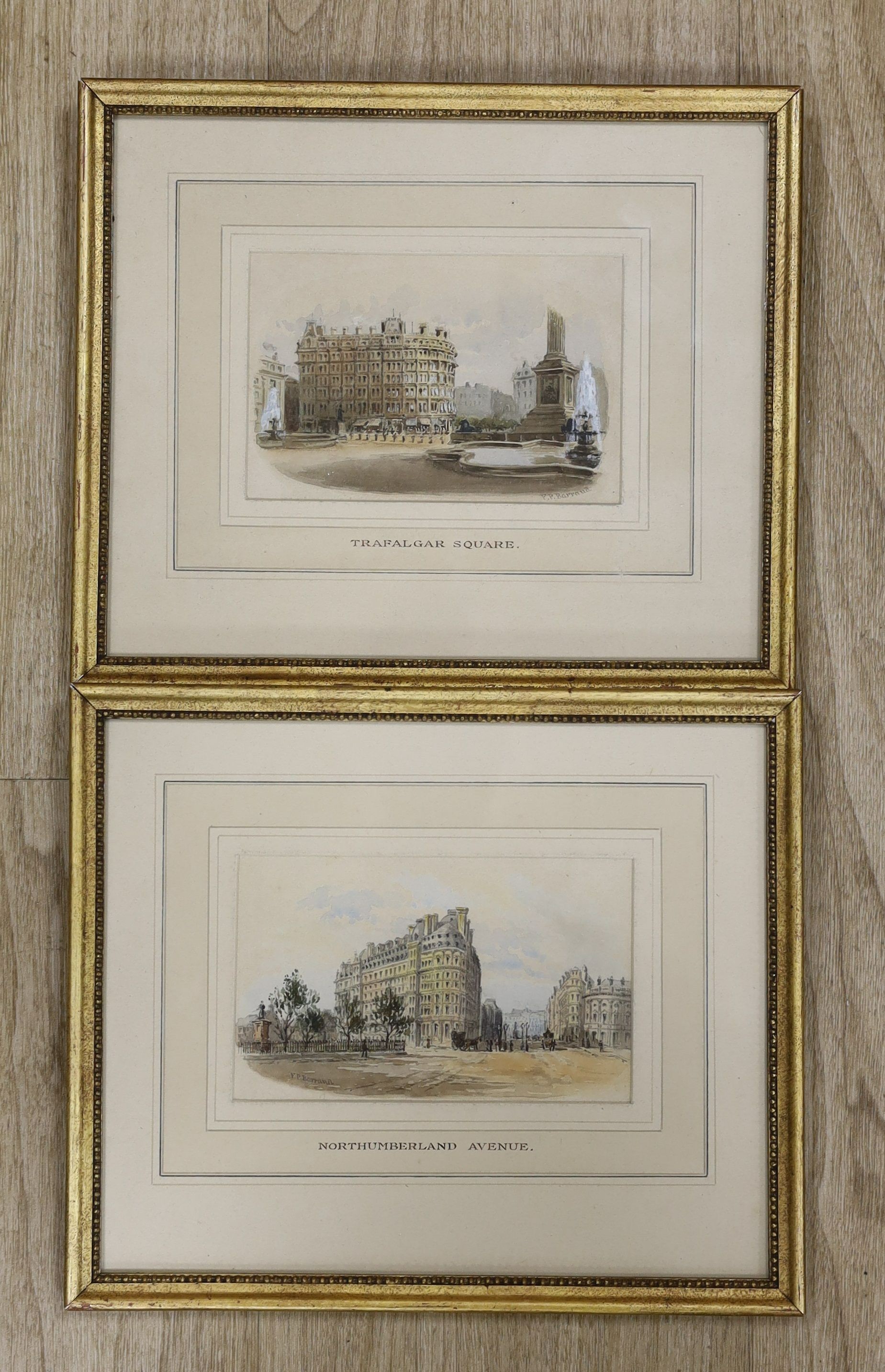 François-Emile Barraud (1899-1934), two watercolours, Trafalgar Square and Northumberland Avenue, signed, 9 x 14cm.